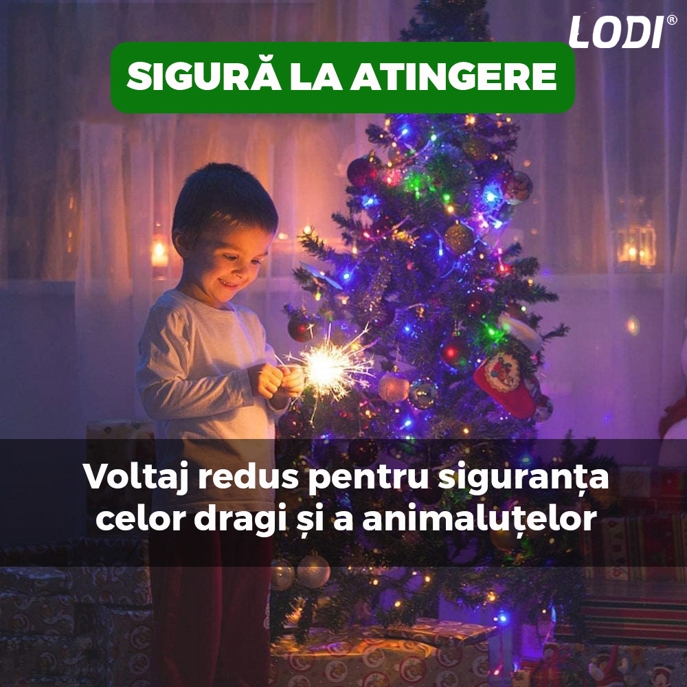 Instalatie de Craciun Liniara Lodi1456, 15 m, 8 jocuri de lumini, alimentare la priza, interior/exterior, rezistenta la apa, 200 LED-uri, multicolor