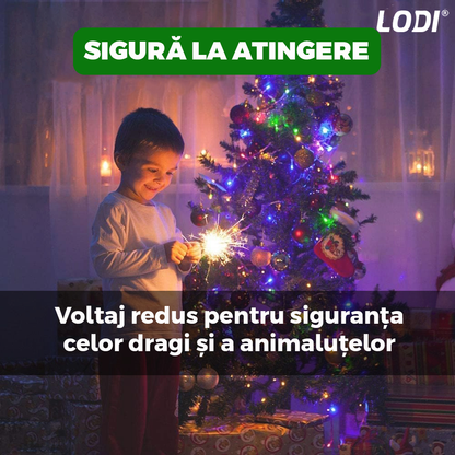 Instalatie de Craciun Liniara Lodi1456, 15 m, 8 jocuri de lumini, alimentare la priza, interior/exterior, rezistenta la apa, 200 LED-uri, multicolor