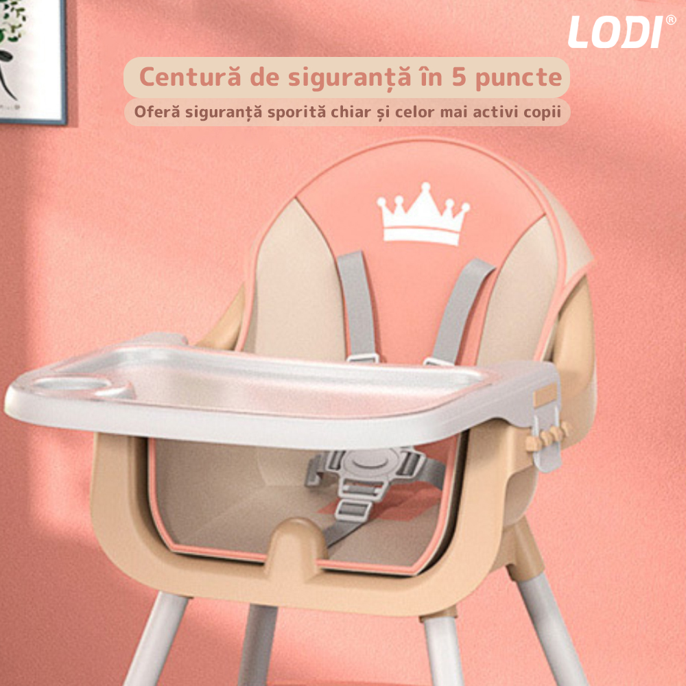Scaun de Masa 3in1 pentru Bebelusi si Copii  Lodi90, inaltime ajustabila, centura de siguranta in 5 puncte, tavita reglabila si detasabila, loc depozitare jucarii, roz