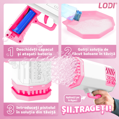 Pistol de Facut Baloane Bubble Gun Lodi1214, tip Bazooka, automat, 34 orificii pentru bule, alimentare cu baterii, roz/alb