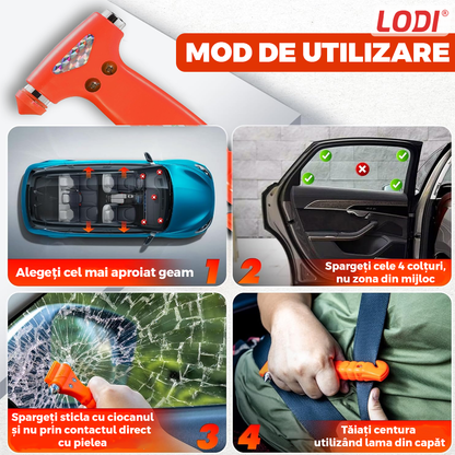 Set 2 Dispozitive de Spart Geamul Lodi1066 tip ciocan, doua capete, cutter pentru taiat centura, protectie anti-taieturi, carcasa inclusa, rosu