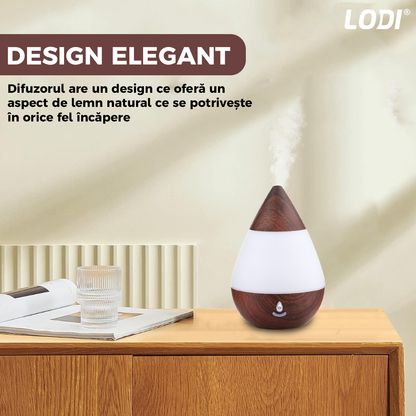Difuzor Aromaterapie Lodi215, 7 culori LED, lumini dinamice, buton on/off, capacitate 235ml, silentios, umidifica aerul, stejar inchis