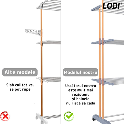 Uscator Vertical pentru Rufe si Haine Lodi1512, 3 niveluri, mobil, pliabil, pentru spatii mici, suport umerase, cadru rezistent, inaltime 175cm, gri