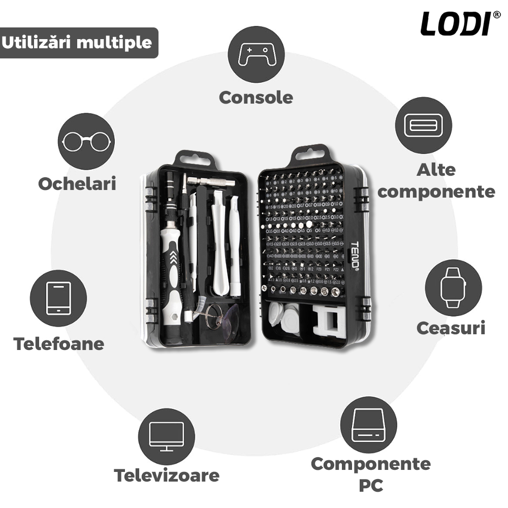 Set Trusa Surubelnite de Precizie 112 in 1 Lodi121,  pentru Macbook, iMac, iPhone, electronice, telefon, PC, otel S2, varf magnetic,  negru
