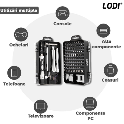 Set Trusa Surubelnite de Precizie 112 in 1 Lodi121,  pentru Macbook, iMac, iPhone, electronice, telefon, PC, otel S2, varf magnetic,  negru