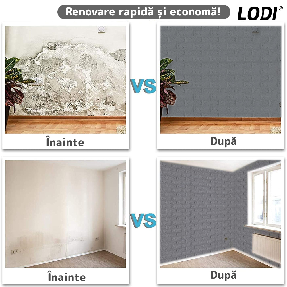 Set Tapet Caramida 3D Lodi56, suprafata acoperire 5.3 mp, autoadeziv, waterproof, usor de montat, design modern, 70x77 cm, gri