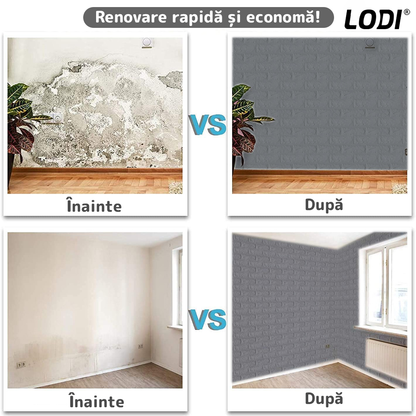 Set Tapet Caramida 3D Lodi56, suprafata acoperire 5.3 mp, autoadeziv, waterproof, usor de montat, design modern, 70x77 cm, gri