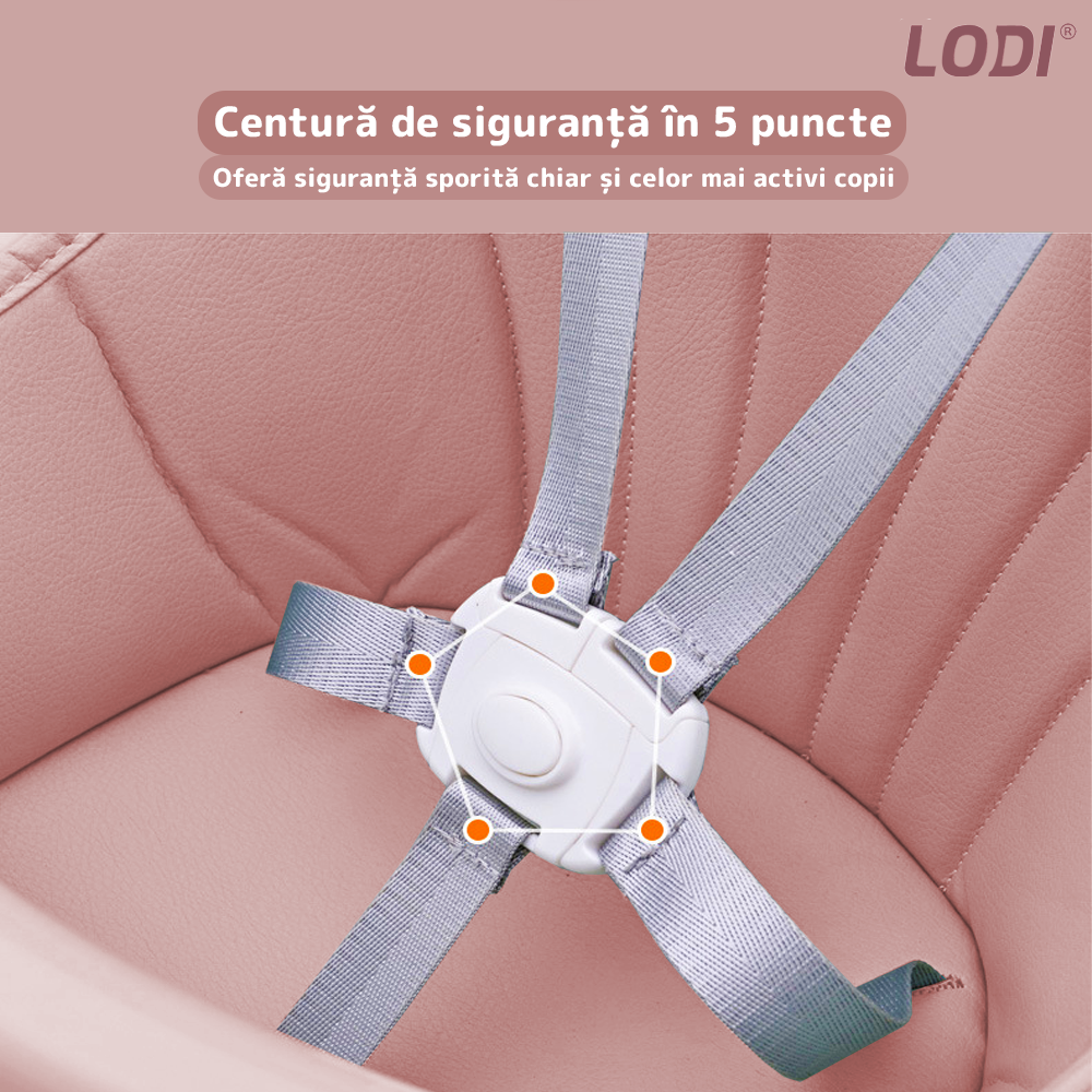 Scaun de Masa 3in1 pentru Bebelusi si Copii Lodi635, inaltime ajustabila, centura de siguranta in 5 puncte, tavita reglabila si detasabila, loc depozitare jucarii, roz pudrat