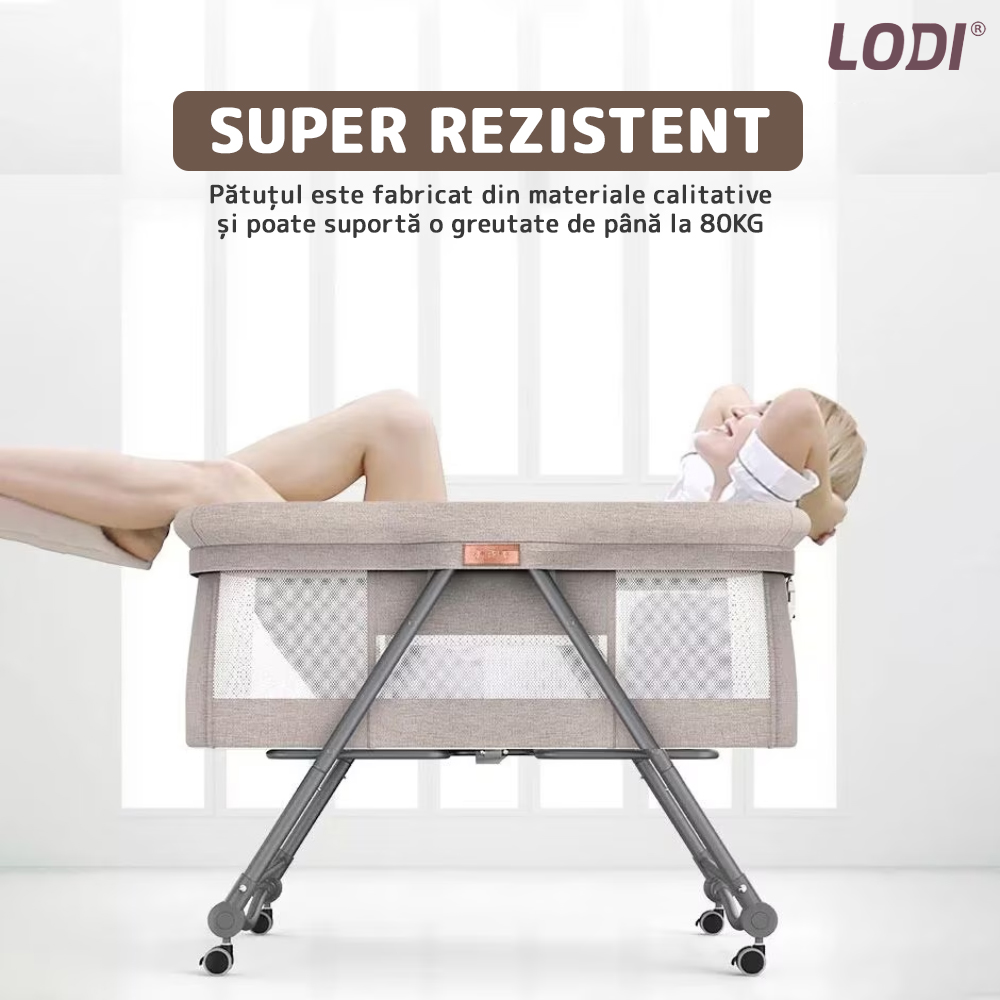 Patut Pliabil pentru Bebelusi Lodi309, 3 trepte de inclinare, sistem de blocare, plasa anti-insecte, cos depozitare, crem