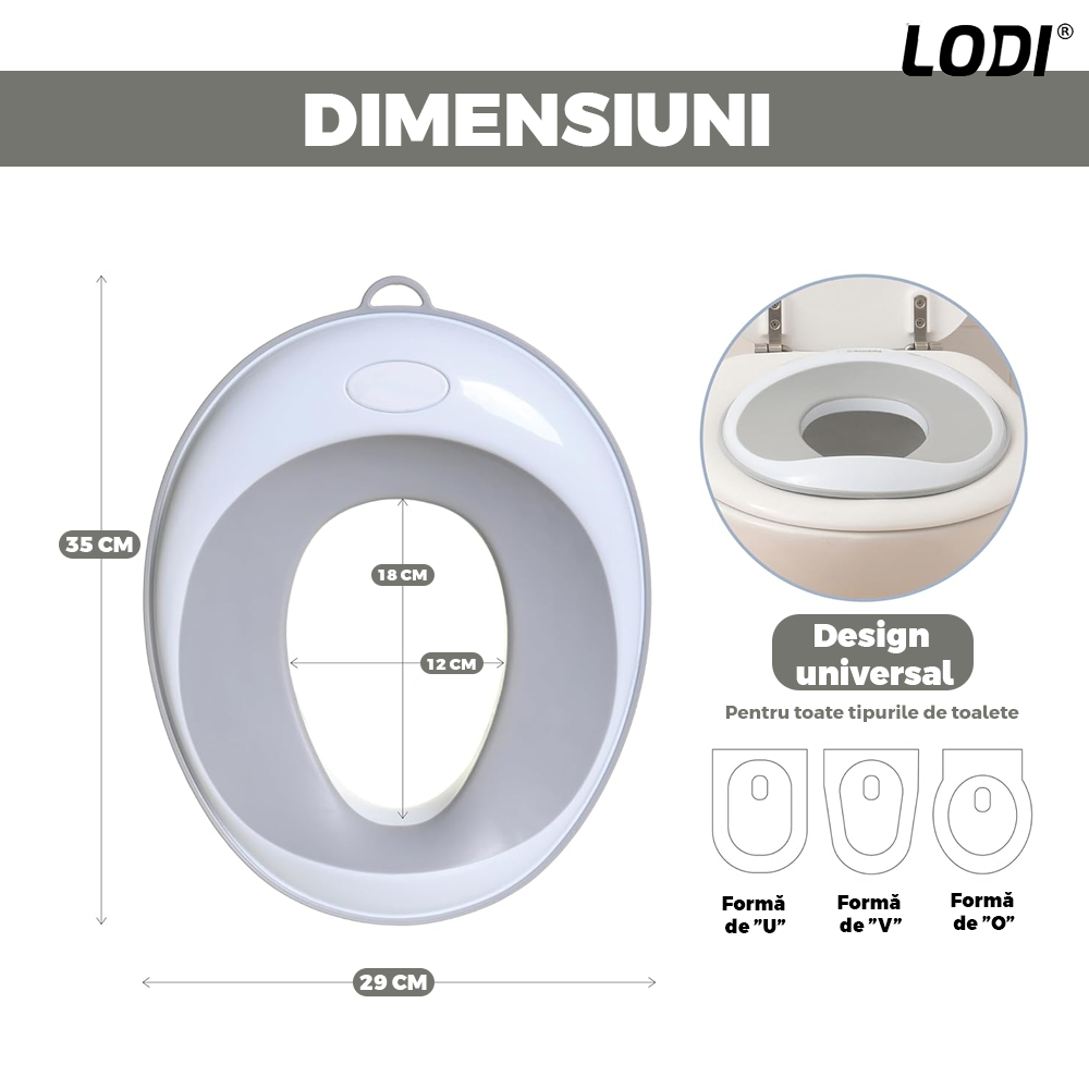 Reductor WC Copii Lodi648, suprafata antiderapanta, confortabil, protectie impotriva stropilor, compatibilitate universala, inel de prindere, portabil, alb/gri