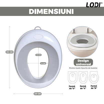 Reductor WC Copii Lodi648, suprafata antiderapanta, confortabil, protectie impotriva stropilor, compatibilitate universala, inel de prindere, portabil, alb/gri