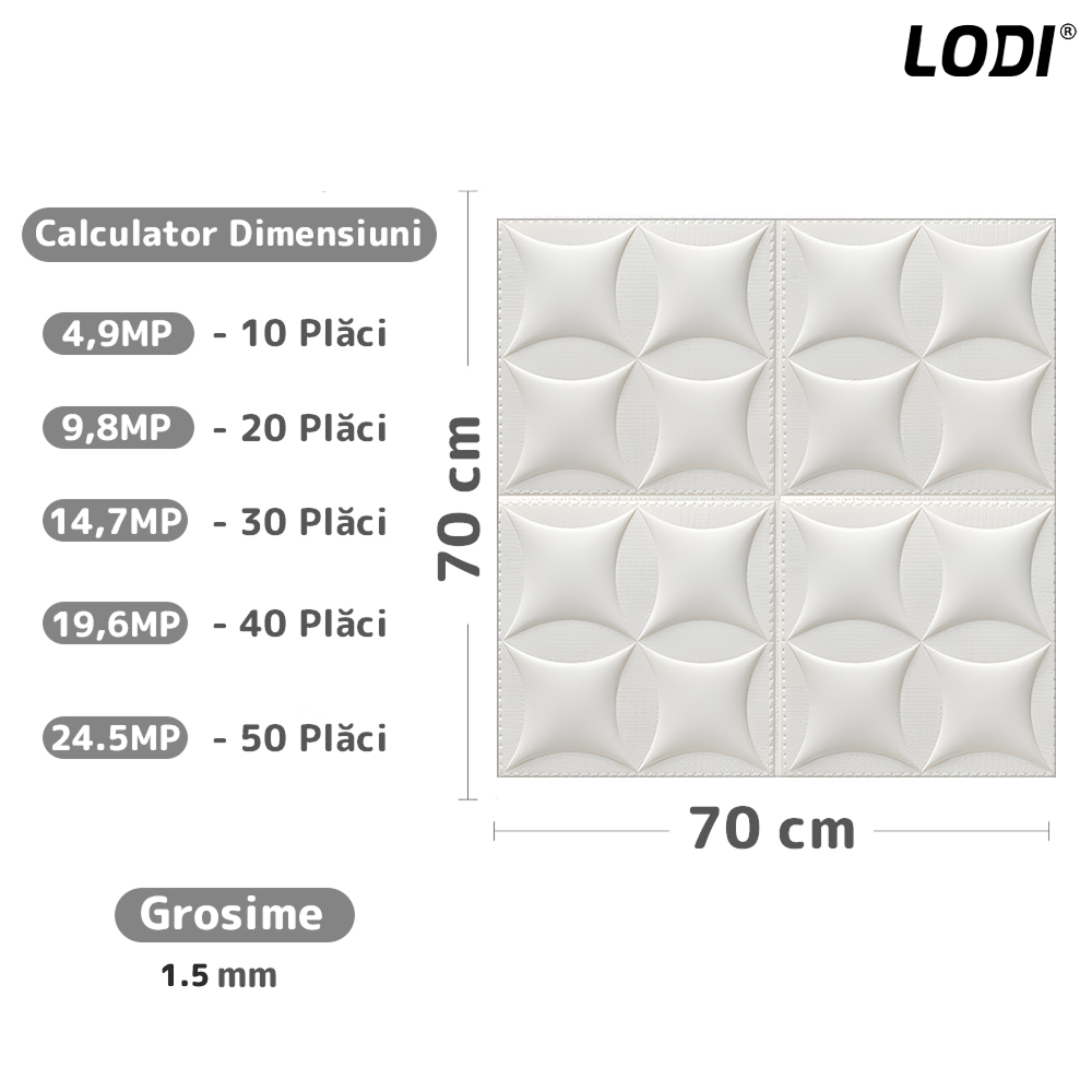 Set 10x Tapet 3D Lodi827, suprafata acoperire 4.9 mp, autoadeziv, Model Pernute, perete/tavan, waterproof, usor de montat, design modern, 70x77 cm, alb
