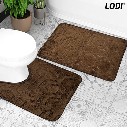 Set 2 Covorase de Baie Lodi1016, anti-derapante, material moale, design modern, model hexagoane, 80x50 & 50x40cm, maro