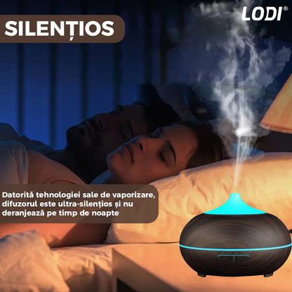 Difuzor Aromaterapie Lodi212, 7 culori LED, 2 jocuri de lumini, control prin telecomanda, capacitate 500ml, silentios, umidifica aerul, stejar inchis