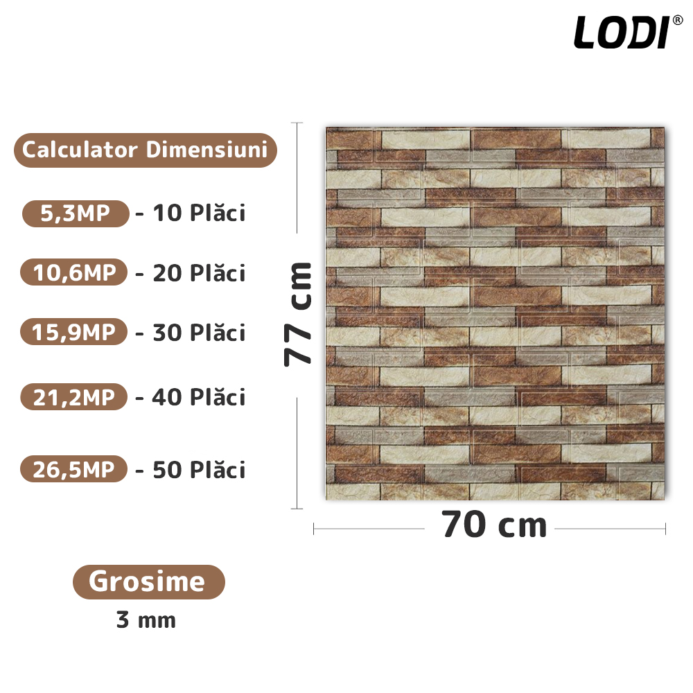 Set Tapet Caramida 3D Lodi239, Model Piatra Cubica, suprafata acoperire 5.3 mp, autoadeziv, waterproof, usor de montat, design modern, 70x77 cm, maro deschis