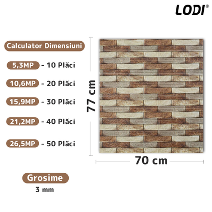 Set Tapet Caramida 3D Lodi239, Model Piatra Cubica, suprafata acoperire 5.3 mp, autoadeziv, waterproof, usor de montat, design modern, 70x77 cm, maro deschis