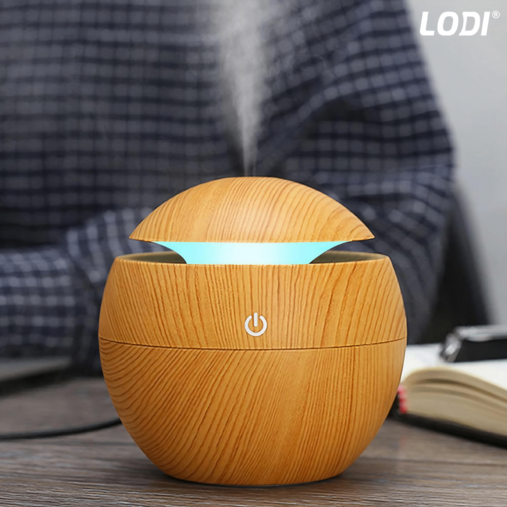 Difuzor Aromaterapie Lodi1464, forma de sfera, 7 culori LED, lumini dinamice, control tactil, capacitate 130ml, silentios, rezerva inclusa, umidifica aerul, stejar deschis