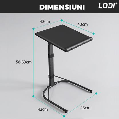 Masa Laptop Multifunctionala Lodi626, patrata, 3 trepte de inaltime, unghi ajustabil, cadru metalic, rezistenta,  negru, 43 x 43 cm