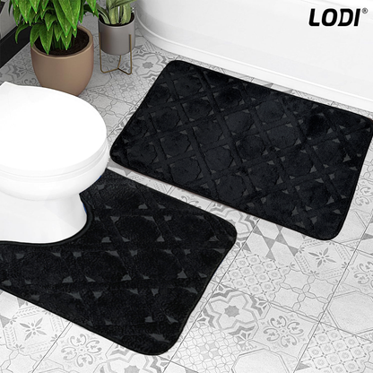 Set 2 Covorase de Baie Lodi1017, anti-derapante, material moale, design modern, model trifoi, 80x50 & 50x40cm, negru