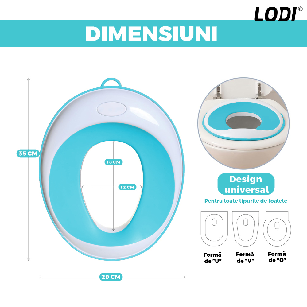 Reductor WC Copii Lodi650, suprafata antiderapanta, confortabil, protectie impotriva stropilor, compatibilitate universala, inel de prindere, portabil, alb/albastru