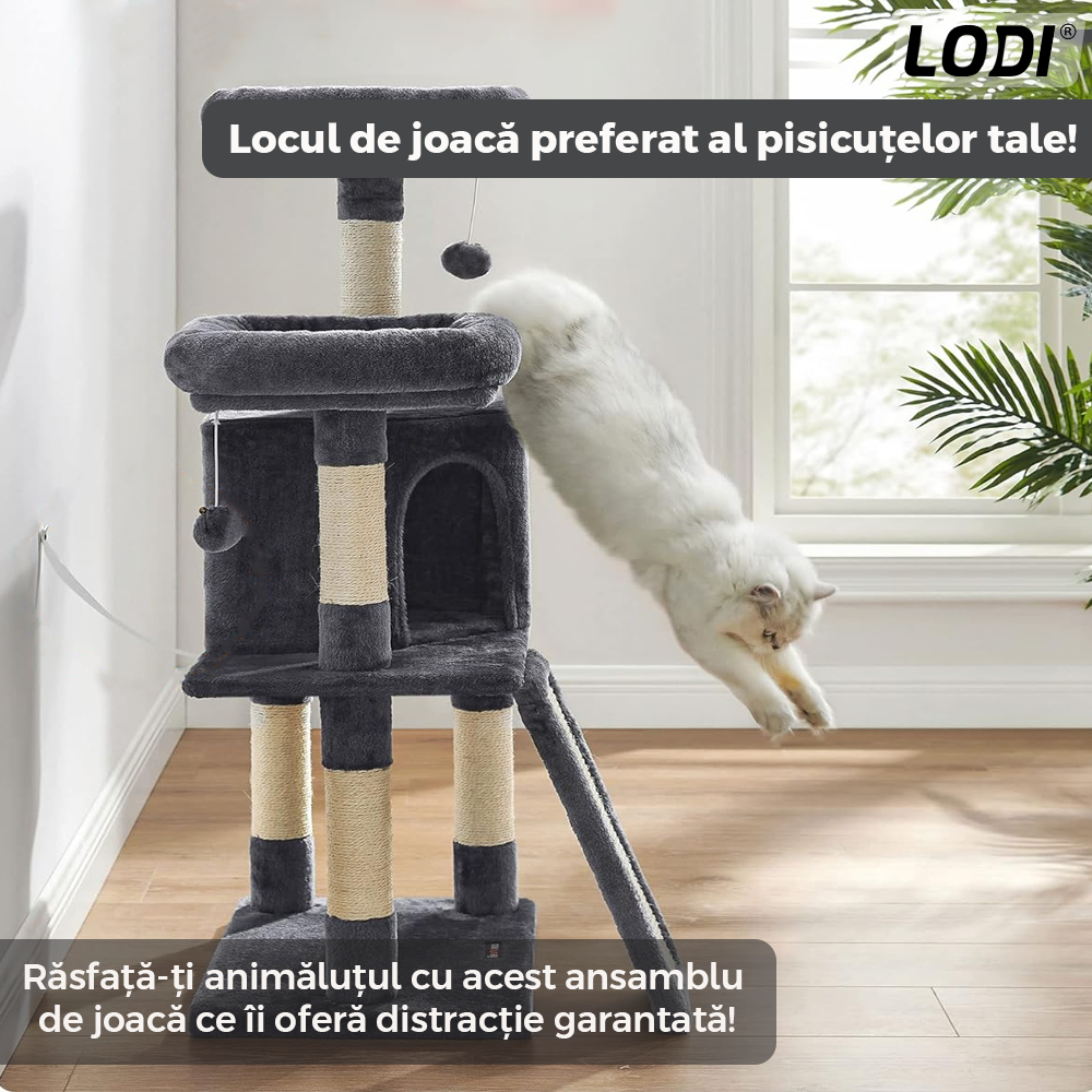 Ansamblu de Joaca pentru Pisici Lodi630, tip turn, 2 platforme de observatie, 3 niveluri, 1 casuta, scara, franghie si mingiute de joaca, stalpi pentru zgariat, captuseala extra moale, structura stabila, 115 cm, gri inchis