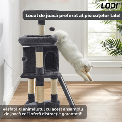 Ansamblu de Joaca pentru Pisici Lodi630, tip turn, 2 platforme de observatie, 3 niveluri, 1 casuta, scara, franghie si mingiute de joaca, stalpi pentru zgariat, captuseala extra moale, structura stabila, 115 cm, gri inchis
