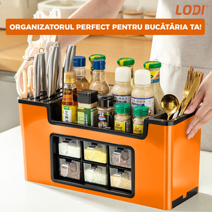 Organizator Multifunctional pentru Bucatarie Lodi601, 6 Compartimente, raft condimente, suport detasabil telefon, tavita de scurgere, suport tacamuri/ustensile, portocaliu