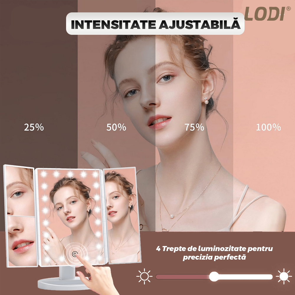 Oglinda Cosmetica pentru Machiaj Lodi1455, 4 moduri de marire, 22 becuri LED, control tactil, pliabila, rotativa la 180 de grade, alimentare pe baterii sau USB, suport de machiaje, alb