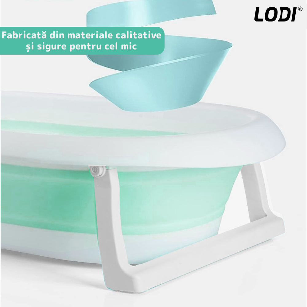 Cadita cu Pernuta pentru Bebelusi Lodi1314, casca de protectie inclusa, termometru digital incorporat, pliabila, dop de scurgere, picioare anti-alunecare, design ergonomic, 75 x 45 x 22 cm, verde