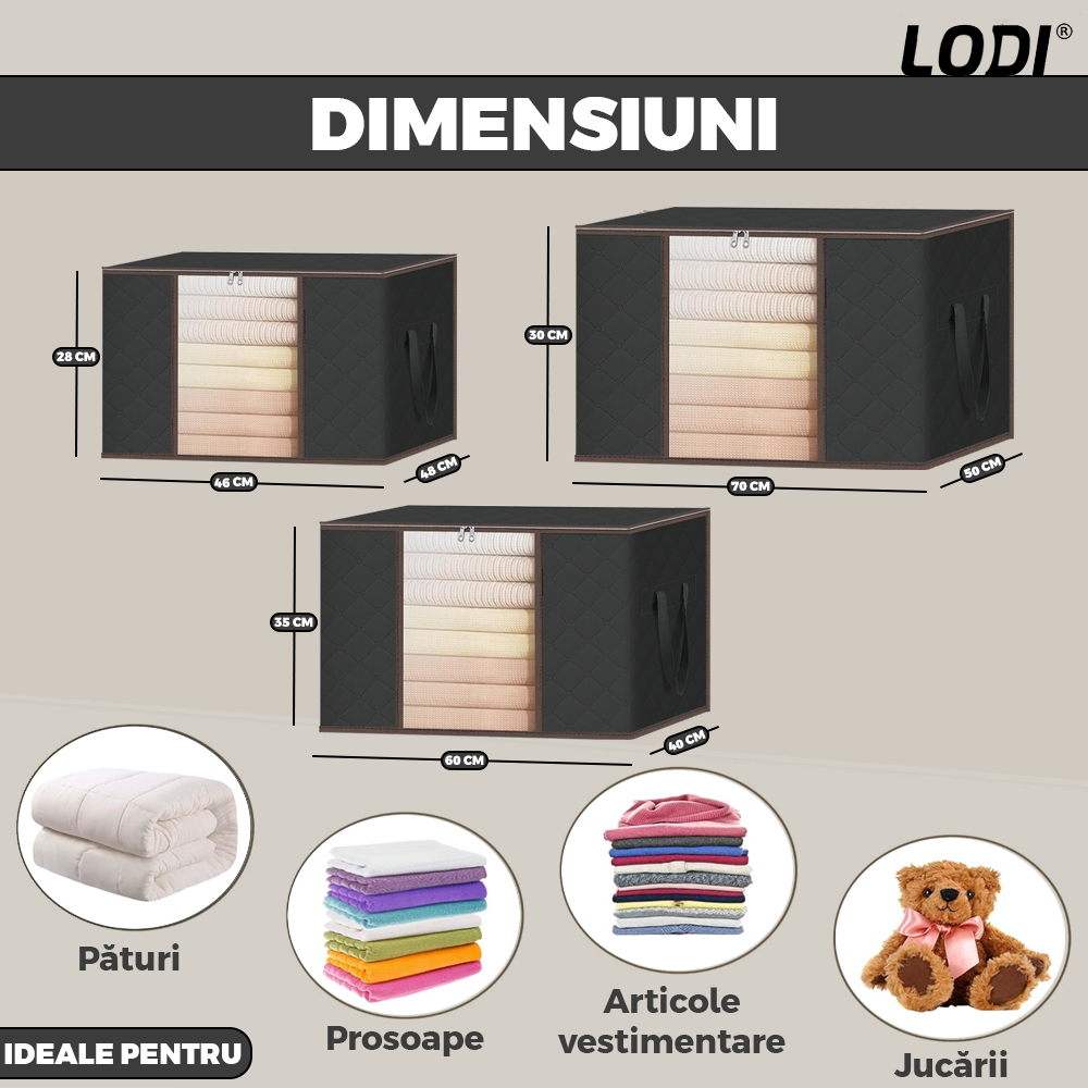Set 3 Cutii pentru Depozitare si Organizare Lodi1053, 3 dimensiuni, pliabile, maner ranforsat si fereastra transparenta, pentru haine/paturi/ plapumi/ perne/ lenjerii de pat/jucarii, 60 L / 84 L / 105 L, negru