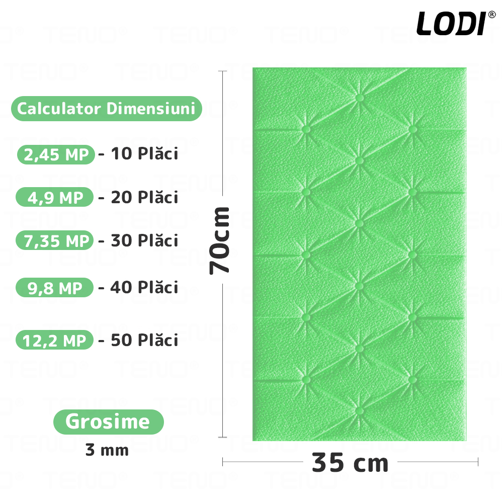 Set Tapet 3D Lodi388, suprafata acoperire 2.45 mp, autoadeziv, waterproof, design modern, usor de montat, 70x35cm, verde
