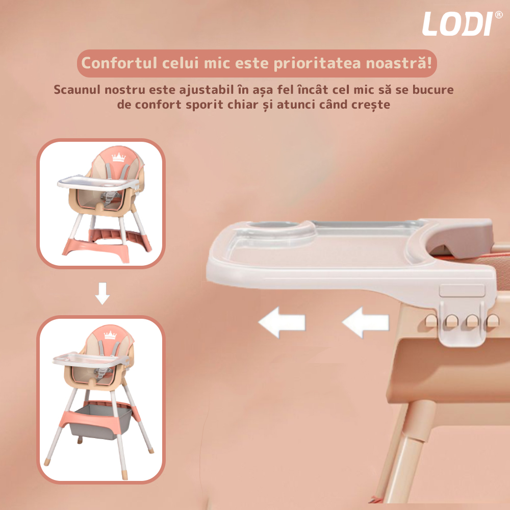 Scaun de Masa 3in1 pentru Bebelusi si Copii  Lodi90, inaltime ajustabila, centura de siguranta in 5 puncte, tavita reglabila si detasabila, loc depozitare jucarii, roz