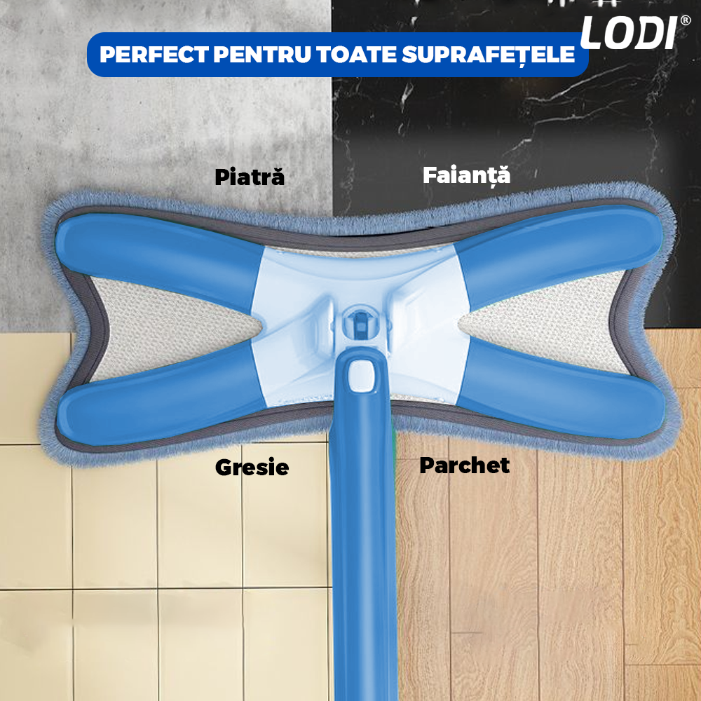 Mop cu Cap in Forma de X Lodi554, rotire 360 grade, telescopic, curatare usoara, 4 lavete incluse, 123 cm, albastru deschis