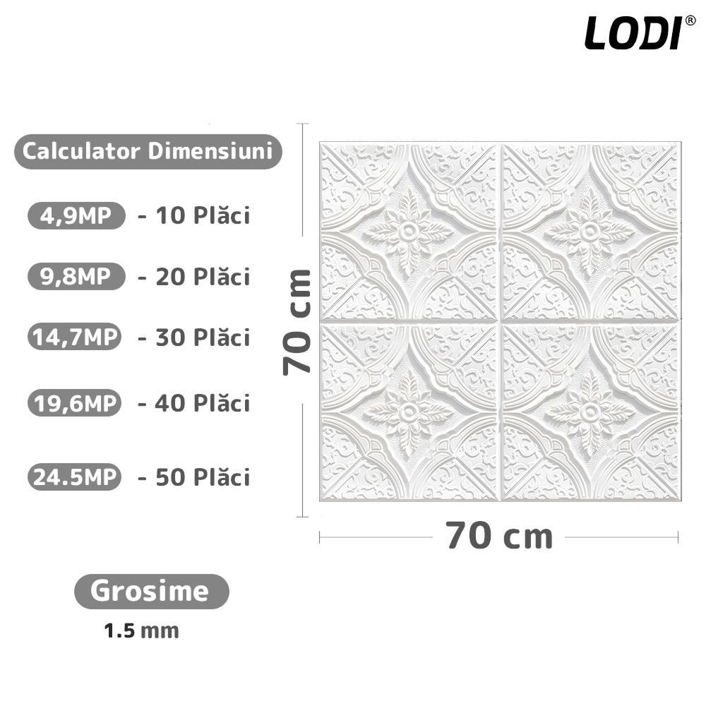 Set 10x Tapet 3D Lodi810, suprafata acoperire 4.9 mp, autoadeziv, Model Floral Diamant, perete/tavan, waterproof, usor de montat, design modern, 70x70 cm, alb