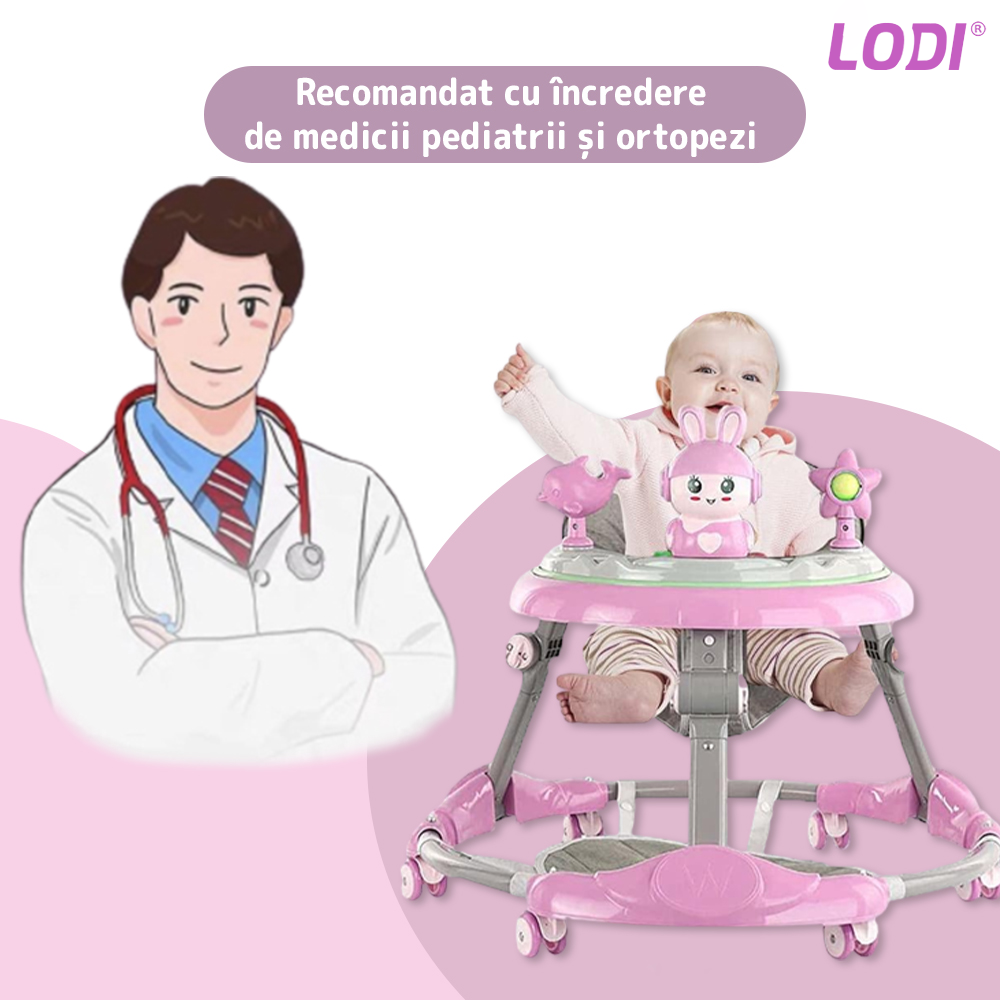 Premergator Multifunctional pentru Bebelusi Lodi29, tava cu 3 jucarii, muzica, reglabil, pliabil, greutate max 20kg, 6-36 luni, roz