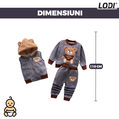 Compleu Copii din 3 Piese Lodi504, unisex, toamna-iarna, plus moale cu ursulet, bluza, pantaloni si vesta cu gluga pufoasa, 110 cm, gri