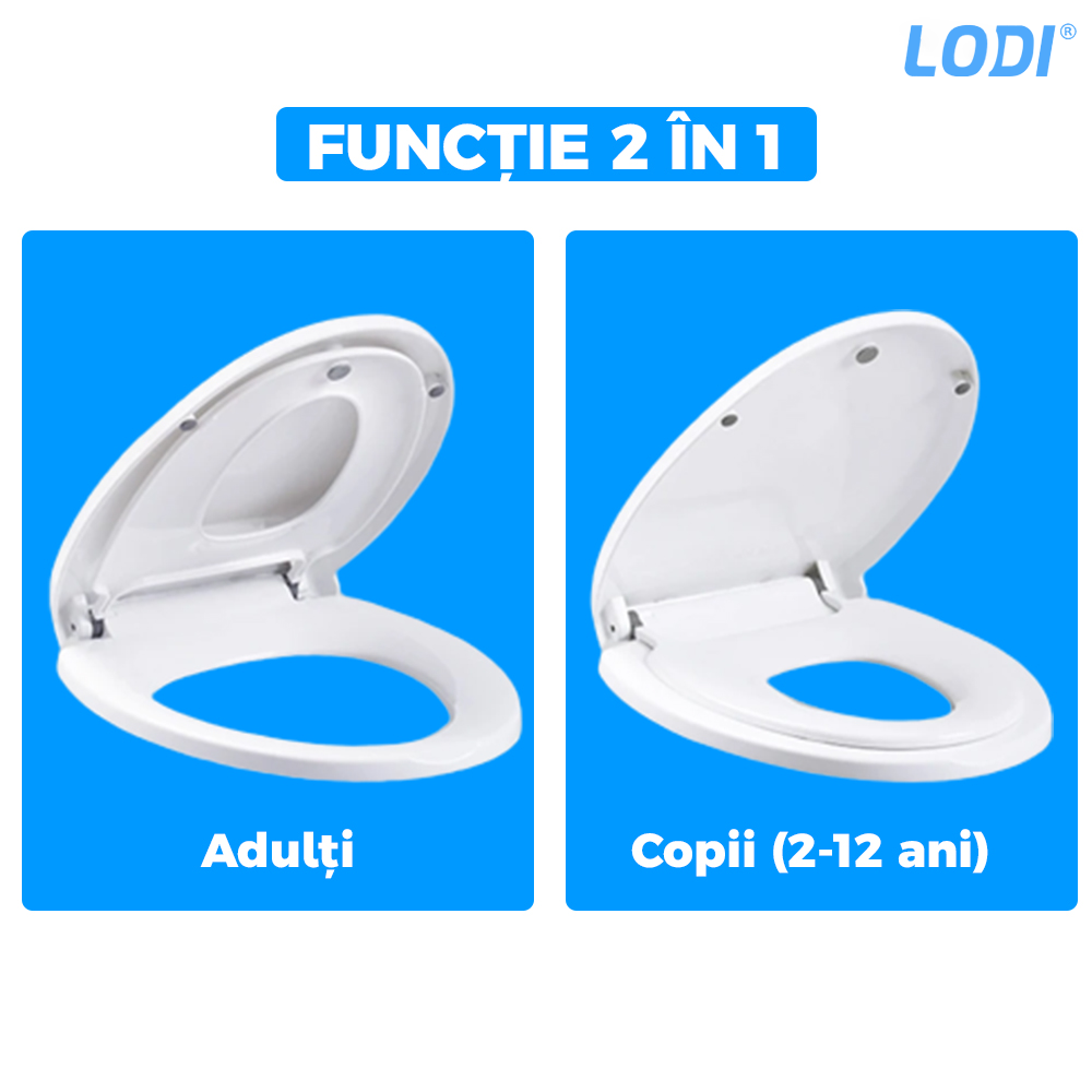 Capac WC cu Reductie 2 in 1 Lodi124, inchidere lenta duala, reductor cu prindere magnetica, adulti si copii, plastic durabil, alb
