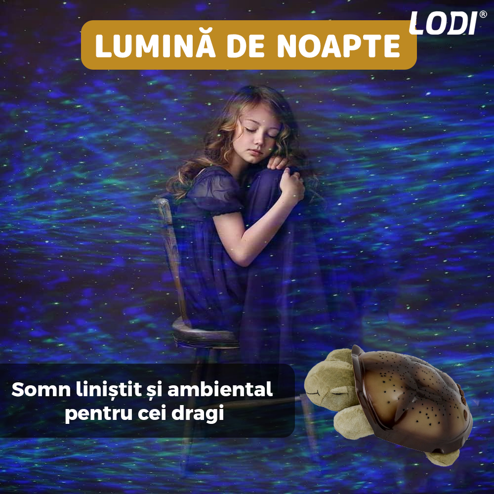 Lampa de Veghe Testoasa Lodi1424, proiector de lumini, 8 constelatii, lumina RBG, 2 cantece de adormit copiii, pufoasa si moale, mod inchidere automata, galben/verde
