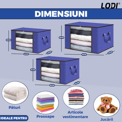 Set 3 Cutii pentru Depozitare si Organizare Lodi1055, 3 dimensiuni, pliabile, maner ranforsat si fereastra transparenta, pentru haine/paturi/ plapumi/ perne/ lenjerii de pat/jucarii, 60 L / 84 L / 105 L, albastru