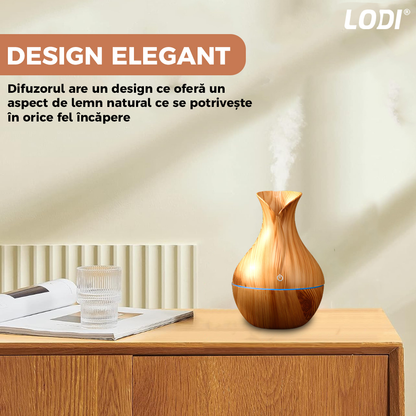Difuzor Aromaterapie Lodi219, lumini ambientale, control tactil, capacitate 200ml, silentios, rezerva inclusa, alimentare USB, umidifica aerul, stejar deschis