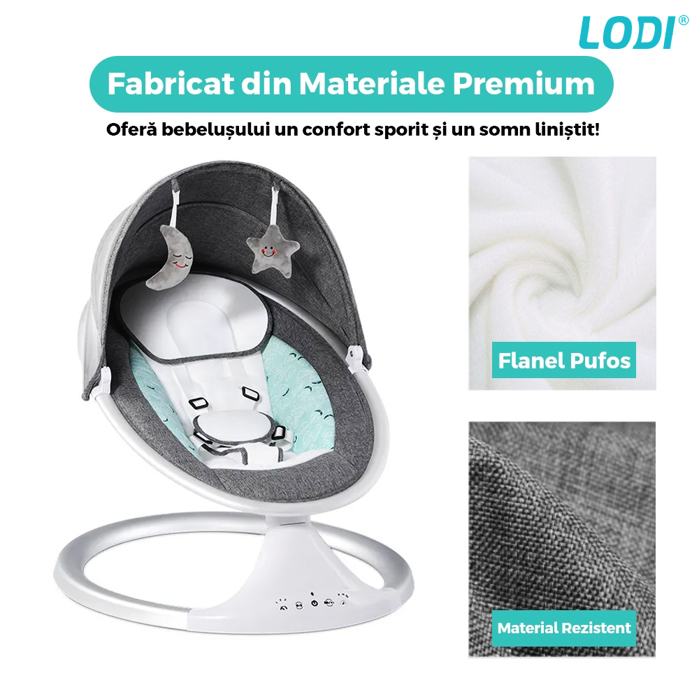 Leagan Electric Lodi123, conectivitate Bluetooth, telecomanda, plasa protectie tantari pentru bebelusi, jucarii, muzica, gri