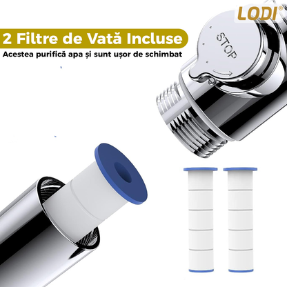 Para de Dus Turbo Lodi198, 2 filtre extra, buton On/Off, presiune ajustabila, filtrare apa, jet uniform, cap Rotativ 360°, auriu