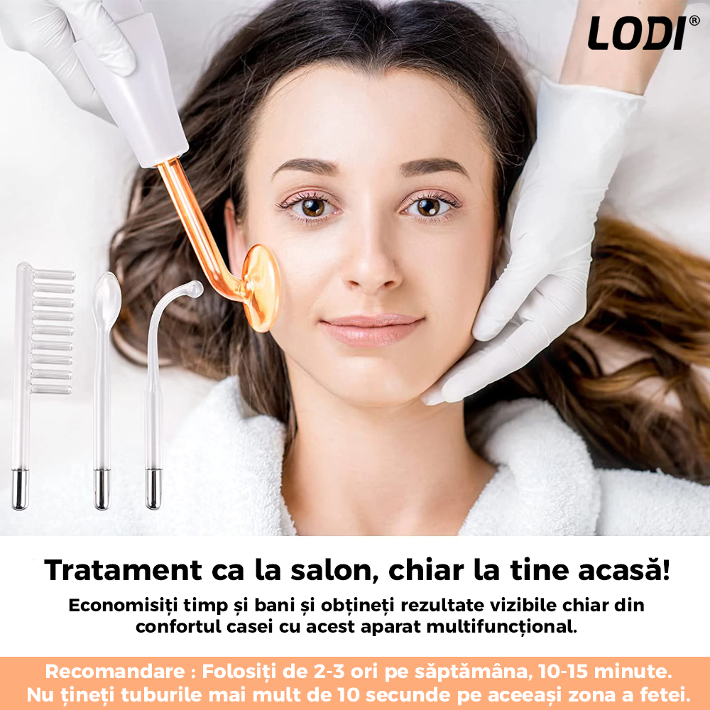 Electroderm Multifunctional Lodi216, tratament cu frecventa inalta pentru acnee, riduri, ten, par, stimulator scalp, infrumusetare faciala, lifting, alb