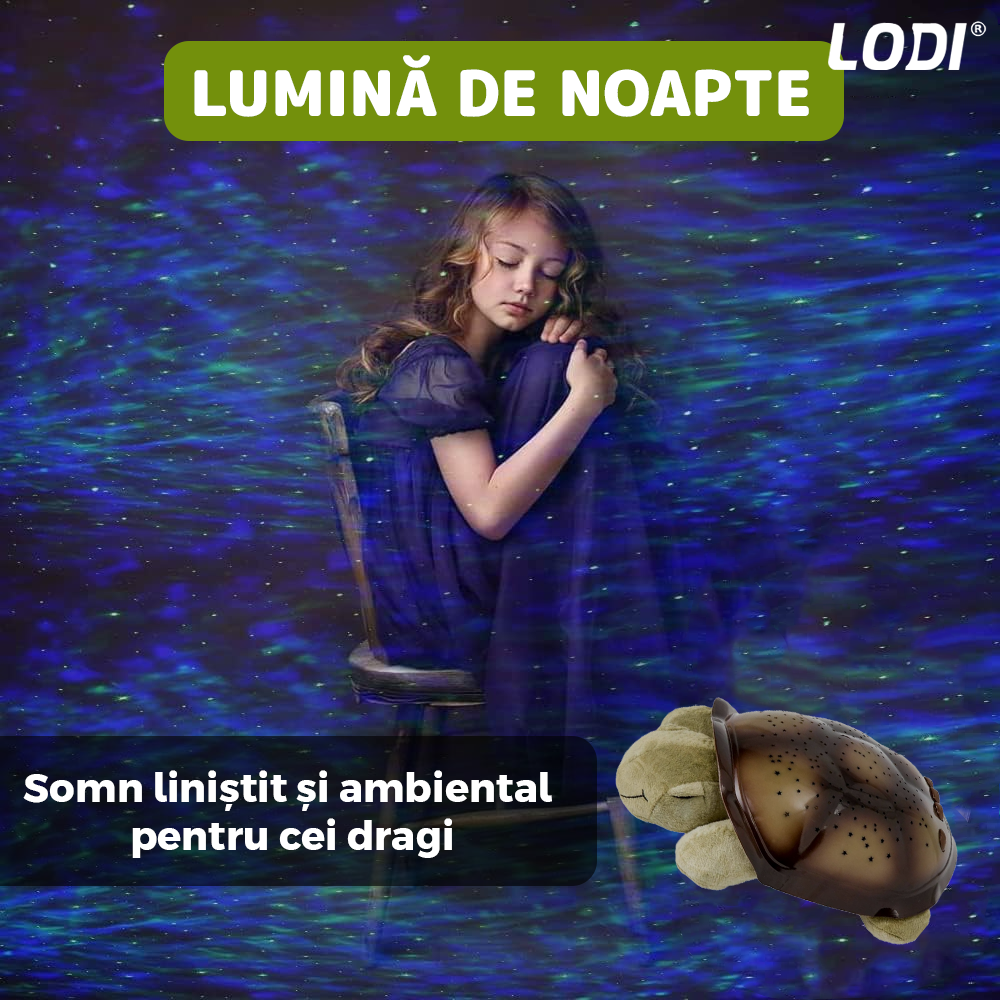 Lampa de Veghe Testoasa Lodi1431, proiector de lumini, 8 constelatii, lumina RBG, 2 cantece de adormit copiii, pufoasa si moale, mod inchidere automata, verde/galben