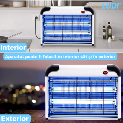 Aparat Electric Anti-Insecte Lodi1170, 4W, Insectocutor cu 2x tuburi ultraviolete, raza de actiune 200 m², unghi de propagare 360º, design modern, alb/negru