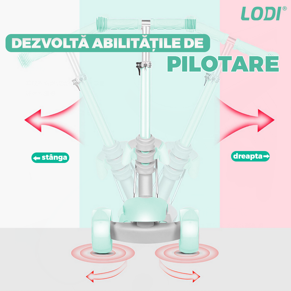 Trotineta pentru Copii 2 in 1 Lodi1111, scaunel incorporat, lumini,3 roti, cosulet frontal, anti-aluncare, inaltime ajustabila, stabila, frana, incorporata, 3-11 ani, turcoaz