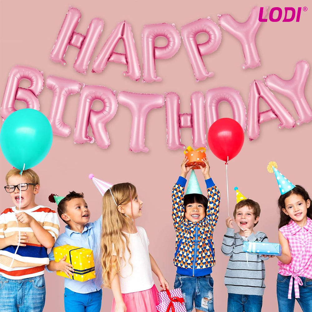Set 13 Baloane Lodi716, Litere, pentru Petreceri/Aniversari/Evenimente, model HAPPY BIRTHDAY, rose