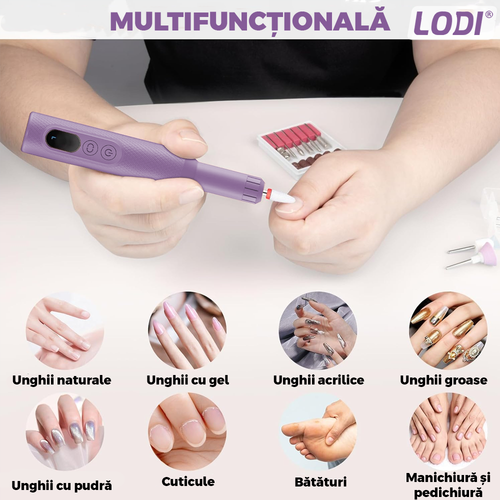 Pila Electrica Profesionala pentru Unghii Lodi1136, freză wireless, 18000 RPM, ecran LED, manichiura-pedichiura, 12 capete pentru pila, 36 benzi de slefurie, portabila, mov