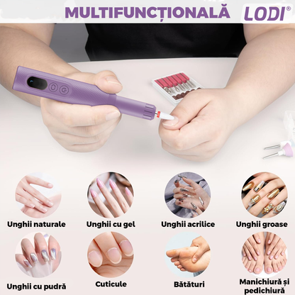 Pila Electrica Profesionala pentru Unghii Lodi1136, freză wireless, 18000 RPM, ecran LED, manichiura-pedichiura, 12 capete pentru pila, 36 benzi de slefurie, portabila, mov