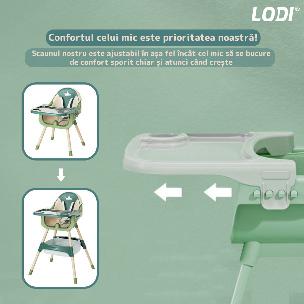 Scaun de Masa 3in1 pentru Bebelusi si Copii  Lodi91, inaltime ajustabila, centura de siguranta in 5 puncte, tavita reglabila si detasabila, loc depozitare jucarii, verde
